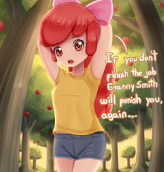 Size: 2362x2480 | Tagged: safe, artist:focusb, derpibooru import, apple bloom, equestria girls, apple, apple family member, apple tree, clothes, dialogue, female, high res, human coloration, implied granny smith, out of character, shorts, solo, talking to viewer, tree