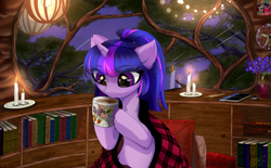 Size: 3782x2340 | Tagged: safe, artist:empress-twilight, derpibooru import, twilight sparkle, unicorn twilight, pony, unicorn, blanket, book, bookshelf, candle, clock, coffee, drinking, eye clipping through hair, eyebrows, eyebrows visible through hair, eyelashes, female, flower, high res, horn, indoors, lantern, mare, mug, night, notebook, picture frame, pillow, ponytail, sky, solo, tongue, tongue out, tree, unshorn fetlocks, window
