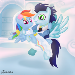 Size: 1400x1400 | Tagged: safe, artist:mlplary6, derpibooru import, rainbow dash, soarin', pegasus, pony, bridal carry, bride, carrying, clothes, dress, female, flower, flower in hair, flying, groom, husband and wife, just married, looking at each other, looking at someone, looking at you, male, mare, marriage, married couple, rainbow dash's house, romantic, shipping, smiling, smiling at you, soarindash, stallion, straight