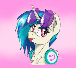 Size: 3180x2874 | Tagged: safe, artist:reddthebat, derpibooru import, dj pon-3, vinyl scratch, pony, unicorn, bust, chest fluff, female, gradient background, headphones, mare, solo, sternocleidomastoid, sunglasses, sunglasses on head, tongue, tongue out