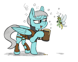 Size: 1646x1313 | Tagged: safe, artist:sprontr, derpibooru import, oc, oc only, oc:edelweiss the seeker, oc:silver lining, breezie, pegasus, alcohol, armor, bag, beer, drunk, drunk bubbles, duo, fantasy class, female, messenger bag, mug, rogue, simple background, white background