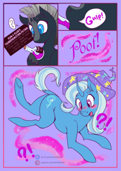 Size: 3508x4960 | Tagged: safe, artist:liechisenshi, derpibooru import, trixie, oc, oc:platinum shadow, pegasus, pony, unicorn, blushing, character to character, exclamation point, female, hat, interrobang, male, male to female, mare, open mouth, poof, potion, question mark, rule 63, stallion, transformation, transgender transformation