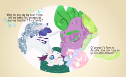 Size: 2286x1400 | Tagged: safe, artist:miyalaflordorada, derpibooru import, rarity, spike, oc, oc:darling miracle gem, oc:diamond, dracony, dragon, hybrid, pony, unicorn, baby, crying, family, female, filly, foal, half-siblings, interspecies offspring, male, mare, offspring, older, older spike, parent:rarity, parent:spike, parent:unnamed oc, parents:canon x oc, parents:sparity, tears of joy, text