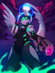 Size: 1620x2160 | Tagged: safe, artist:hakkids2, derpibooru import, oc, oc only, anthro, pegasus, armor, ear fluff, ears, feathered wings, female, full moon, goggles, halo, laser, moon, multicolored hair, night, night sky, night vision goggles, nostrils, pegasus wings, science fiction, short hair, sky, smiling, smirk, snout, solo, spread wings, wings