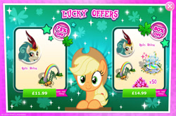 Size: 1962x1297 | Tagged: safe, derpibooru import, applejack, rain shine, earth pony, kirin, pony, advertisement, applejack's hat, bush, clothes, costs real money, cowboy hat, english, female, gameloft, gem, hat, horn, ladder, mare, mobile game, my little pony: magic princess, numbers, official, rainbow, rainbow waterfall, sale, text