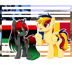 Size: 640x583 | Tagged: safe, artist:diniarvegafinahar, derpibooru import, alicorn, pegasus, pony, chad (country), colored wings, duo, eye clipping through hair, female, flag, gradient mane, gradient tail, heterochromia, libya, lidded eyes, male, mare, multicolored wings, nation ponies, open mouth, ponified, raised hoof, raised leg, simple background, species swap, stallion, tail, white background, wings