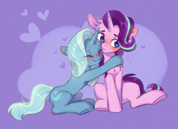 Size: 1900x1380 | Tagged: safe, artist:ls_skylight, derpibooru import, starlight glimmer, trixie, pony, unicorn, blushing, chest fluff, cute, daaaaaaaaaaaw, duo, eyes closed, female, heart, hug, looking away, mare, sitting, sketch, smiling