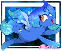 Size: 4050x3313 | Tagged: safe, artist:misscupcake333, artist:tanahgrogot, derpibooru import, oc, oc only, oc:viola margaretha, alicorn, pony, base used, cute, female, flying, galaxy, happy, mare, ocbetes, open mouth, open smile, simple background, smiling, solo, transparent background, vector