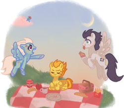 Size: 850x746 | Tagged: safe, artist:amaeeart, derpibooru import, fleetfoot, rainbow dash, soarin', spitfire, pegasus, pony, annoyed, apple, bread, croissant, cross-popping veins, emanata, female, food, french fries, jam, mare, moon, picnic, picnic blanket, pie, strawberry, that pony sure does love pies, tongue, tongue out, trio focus, wings