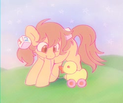 Size: 1000x844 | Tagged: safe, artist:horseyuris, derpibooru import, oc, oc only, earth pony, pony, cute, duckroll, female, filly, foal, solo, toy