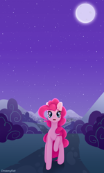 Size: 800x1332 | Tagged: safe, alternate version, artist:dreamyrat, derpibooru import, pinkie pie, earth pony, pony, evening, female, looking at someone, looking at you, mare, moon, mountain, open mouth, raised hoof, raised leg, solo, stars, surprised, village