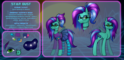 Size: 3067x1494 | Tagged: safe, alternate version, artist:kirasunnight, derpibooru import, oc, oc only, oc:star dust, pegasus, pony, bag, belt, blouse, blue background, blue eyeshadow, blue mane, blue socks, blue tail, choker, clothes, color palette, commission, cyrillic, ear piercing, earring, eyelashes, eyeliner, eyeshadow, femboy, folded wings, glasses, green eyes, handbag, jewelry, long mane, long tail, makeup, male, pegasus oc, piercing, ponytail, purple mane, purple tail, purse, reference sheet, russian, simple background, skirt, socks, solo, standing, stockings, striped socks, tail, teal socks, teal wings, text, thigh highs, transparent wings, two toned mane, two toned tail, wings, yellow background