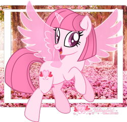 Size: 1497x1435 | Tagged: safe, artist:queenzodiac, artist:tanahgrogot, derpibooru import, oc, oc only, oc:annisa trihapsari, alicorn, earth pony, pony, base used, cherry blossoms, cute, earth pony oc, female, flower, flower blossom, irl, looking at you, magic, mare, ocbetes, open mouth, open smile, photo, smiling, smiling at you, solo, watermark