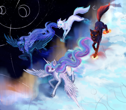 Size: 2050x1798 | Tagged: safe, artist:dalagar, derpibooru import, princess celestia, princess luna, alicorn, pony, commission, commissioner:shaddar, female, hati, mare, missing accessory, norse mythology, skoll