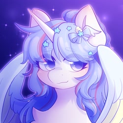 Size: 2048x2048 | Tagged: safe, artist:strawberryc208, derpibooru import, oc, oc only, alicorn, pony, alicorn oc, bow, eye clipping through hair, eyebrows, eyebrows visible through hair, female, hair bow, high res, horn, looking at you, mare, partially open wings, signature, smiling, smiling at you, solo, wings
