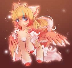 Size: 1776x1670 | Tagged: safe, artist:strawberryc208, derpibooru import, oc, oc only, pegasus, pony, colored wings, colored wingtips, eye clipping through hair, eyebrows, eyebrows visible through hair, female, gradient background, looking at you, mare, pegasus oc, raised hoof, raised leg, signature, solo, sparkles, wings