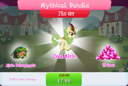 Size: 1267x857 | Tagged: safe, derpibooru import, spring glow, kirin, advertisement, bush, costs real money, english, female, gameloft, gem, horn, mobile game, my little pony: magic princess, numbers, official, sale, solo, solo focus, text