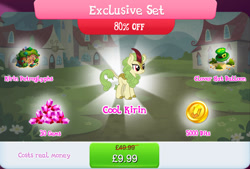 Size: 1269x858 | Tagged: safe, derpibooru import, spring glow, kirin, advertisement, bush, coin, costs real money, english, female, gameloft, gem, horn, mobile game, my little pony: magic princess, numbers, official, sale, solo, solo focus, text