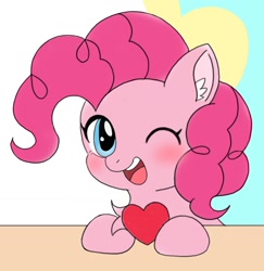 Size: 1634x1681 | Tagged: safe, artist:ruto_me, derpibooru import, pinkie pie, earth pony, pony, ear fluff, ears, female, heart, looking at you, one eye closed, open mouth, open smile, smiling, solo, wink, winking at you