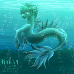 Size: 1280x1280 | Tagged: safe, artist:mandyf3lix, derpibooru import, oc, oc only, hybrid, merpony, seapony (g4), bubble, commission, crepuscular rays, digital art, dorsal fin, fin, fish tail, flowing tail, gills, green eyes, green mane, looking at you, male, ocean, seapony oc, seaweed, signature, smiling, smiling at you, solo, stallion, sunlight, swimming, tail, underwater, unshorn fetlocks, water