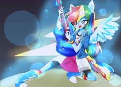 Size: 3123x2253 | Tagged: safe, artist:applejack_yokai, derpibooru import, rainbow dash, equestria girls, electric guitar, female, guitar, musical instrument, playing instrument, ponied up, solo