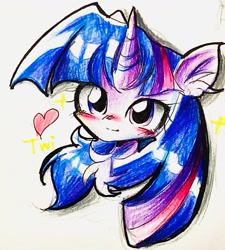 Size: 1550x1725 | Tagged: safe, artist:applejack_yokai, derpibooru import, twilight sparkle, pony, blushing, chest fluff, ear fluff, ears, female, heart, solo, traditional art