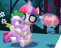 Size: 930x720 | Tagged: safe, artist:red4567, derpibooru import, moondancer, spike, pony, unicorn, fanfic:spike the brony dragon, friendship is magic, 3d, alternate scenario, fanfic art, female, hug, if only, male, present, shipping, source filmmaker, spikedancer, spikelove, straight