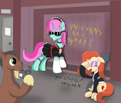 Size: 3500x3000 | Tagged: safe, artist:amateur-draw, derpibooru import, oc, oc only, oc:belle boue, oc:oak wood, oc:phosphor flame, earth pony, pony, unicorn, camera, clothes, crossdressing, facehoof, female, gloves, guitar case, jacket, leather, leather jacket, maid, maid headdress, makeup, male, mare, meme, meme origin, shirt, silly, silly pony, sombra's pencil, stallion, sunglasses