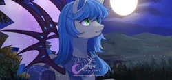 Size: 1200x560 | Tagged: safe, artist:tabithaqu, derpibooru import, oc, bat pony, pony, female, mare, moon, night, solo