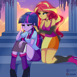 Size: 4000x4000 | Tagged: safe, artist:xjenn9, derpibooru import, sunset shimmer, twilight sparkle, twilight sparkle (alicorn), alicorn, human, equestria girls, blouse, book, boots, choker, clothes, comforting, concerned, crying, high heel boots, high heels, jacket, shirt, shoes, skirt, stairs, tears of sadness, teary eyes