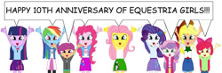 Size: 1024x339 | Tagged: safe, artist:pre-animationman, derpibooru import, apple bloom, applejack, fluttershy, pinkie pie, rainbow dash, rarity, scootaloo, sweetie belle, twilight sparkle, human, equestria girls 10th anniversary, equestria girls, equestria girls (movie), anniversary, anniversary art, arms in the air, cutie mark crusaders, dialogue, digital art, english, ennead, excited, happy, humane five, humane six, looking at you, newbie artist training grounds, nonet, simple background, speech bubble, text, white background