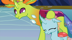 Size: 1920x1080 | Tagged: safe, derpibooru import, screencap, ocellus, thorax, changedling, changeling, school daze, season 8, spoiler:s08, 1080p, ^^, cute, daaaaaaaaaaaw, diaocelles, duo, eyes closed, female, friendship student, happy, king thorax, male, noogie, papa thorax, smiling, thorabetes