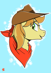 Size: 2480x3508 | Tagged: safe, artist:sefastpone, derpibooru import, braeburn, earth pony, pony, bust, clothes, cowboy hat, cute, digital art, hat, looking back, male, open mouth, open smile, scarf, simple background, smiling, stallion