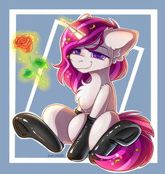 Size: 2120x2233 | Tagged: safe, alternate version, artist:yuris, derpibooru import, oc, oc:zew, pony, unicorn, clothes, commission, flower, frog (hoof), latex, latex socks, magic, magic aura, rose, simple background, sitting, smiling, socks, solo, telekinesis, underhoof