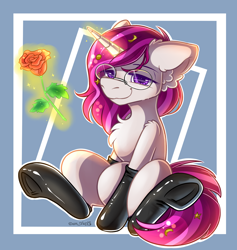 Size: 2120x2233 | Tagged: safe, alternate version, artist:yuris, derpibooru import, oc, oc:zew, pony, unicorn, clothes, commission, flower, frog (hoof), glasses, latex, latex socks, magic, magic aura, rose, simple background, sitting, smiling, socks, solo, telekinesis, underhoof