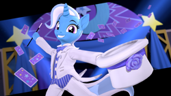 Size: 3840x2160 | Tagged: safe, artist:owlpirate, derpibooru import, trixie, pony, unicorn, 3d, 4k, bipedal, card, clothes, female, grin, hat, high res, hoof hold, looking at you, magic show, magic wand, mare, smiling, smiling at you, solo, source filmmaker, top hat, tuxedo