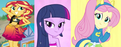 Size: 1370x531 | Tagged: safe, derpibooru import, fluttershy, sunset shimmer, twilight sparkle, better together, equestria girls, equestria girls (movie), forgotten friendship, beach shorts swimsuit, beautiful, cropped, fake ears, fake tail, fall formal outfits, female, lidded eyes, sunset shimmer swimsuit, sunset shimmer's beach shorts swimsuit, trio, trio female, waifu, wondercolts uniform