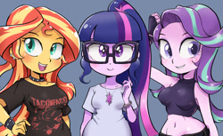 Size: 1307x800 | Tagged: safe, artist:k-nattoh, derpibooru import, sci-twi, starlight glimmer, sunset shimmer, twilight sparkle, human, equestria girls, bust, choker, clothes, female, midriff, open mouth, smiling, spiked choker, spiked wristband, trio, trio female, wristband