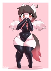 Size: 850x1177 | Tagged: safe, artist:borvar, derpibooru import, oc, oc:arwencuack, anthro, pegasus, adorasexy, blushing, bodysuit, clothes, cute, embarrassed, sexy, solo, thicc thighs, thick, wide hips, wingding eyes, wings