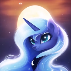Size: 2560x2560 | Tagged: safe, ai content, derpibooru import, generator:novelai, generator:stable diffusion, machine learning generated, princess luna, alicorn, pony, abstract background, bust, cute, female, high res, horn, jewelry, looking at you, mare, moon, night, night sky, portrait, prompter:endless--, regalia, sky, smiling, smiling at you, solo