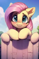 Size: 512x768 | Tagged: safe, ai content, derpibooru import, generator:novelai, generator:stable diffusion, machine learning generated, fluttershy, pegasus, pony, blue sky, blushing, cloud, fence, funny, looking at you, nai diffusion furry beta v1.3, prompter:emilia starsong, solo