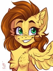 Size: 1200x1600 | Tagged: safe, artist:falafeljake, derpibooru import, oc, oc only, oc:yuris, pegasus, pony, chest fluff, cute, ear fluff, ears, eyebrows, female, freckles, grin, mare, ocbetes, pegasus oc, signature, simple background, smiling, solo, white background, wings