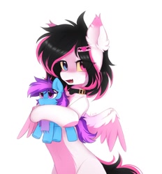 Size: 1258x1357 | Tagged: safe, artist:lerkfruitbat, derpibooru import, oc, oc only, oc:lunylin, oc:nohra, pegasus, pony, collar, ear fluff, ears, female, heterochromia, holding, looking at you, mare, open mouth, pegasus oc, plushie, pony plushie, signature, simple background, spread wings, white background, wings