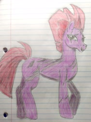 Size: 2432x3232 | Tagged: safe, artist:dust, derpibooru exclusive, derpibooru import, fizzlepop berrytwist, tempest shadow, pony, unicorn, adult blank flank, blank flank, colored, colored pencil drawing, eye scar, facial scar, female, lined paper, looking at you, mare, no armor, pencil drawing, scar, scared, shading, shading practice, smiling, solo, traditional art