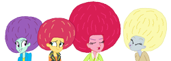 Size: 5432x1956 | Tagged: safe, artist:bigpurplemuppet99, derpibooru import, blueberry pie, derpy hooves, raspberry fluff, sunset shimmer, equestria girls, afro, simple background, the muffins, transparent background