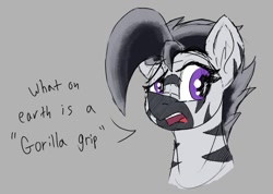 Size: 967x688 | Tagged: safe, artist:reddthebat, derpibooru import, oc, oc only, oc:zerø, zebra, bust, dialogue, eyebrows, female, gray background, mare, raised eyebrow, simple background, solo, zebra oc