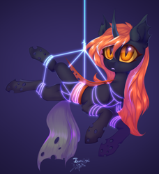 Size: 2722x2980 | Tagged: safe, artist:jsunlight, derpibooru import, oc, oc only, oc:teen spirit, changeling, pony, bondage, changeling oc, commission, looking at you, orange changeling, rope, rope bondage, shibari, signature, solo