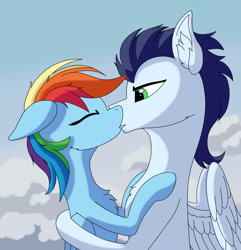 Size: 878x910 | Tagged: safe, artist:fess, derpibooru import, rainbow dash, soarin', pegasus, pony, eyes closed, female, kiss on the lips, kissing, male, mare, shipping, soarindash, stallion, straight