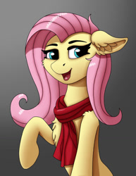 Size: 785x1017 | Tagged: safe, artist:fess, derpibooru import, fluttershy, pegasus, chest fluff, clothes, female, gradient background, mare, scarf, solo