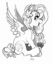 Size: 3409x4096 | Tagged: safe, artist:opalacorn, derpibooru import, oc, oc only, pegasus, pony, chest fluff, choker, female, flower, flower in hair, grayscale, looking at you, mare, monochrome, open mouth, open smile, simple background, sitting, smiling, smiling at you, solo, spread wings, tail, tail feathers, unshorn fetlocks, white background, wings